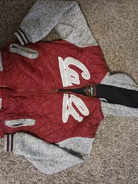 Varsity Quilted Maroon & Gray Jacket with Script Logo